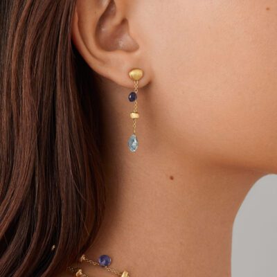 Paradise Iolite and Blue Topaz Single Strand Earrings in Yellow Gold