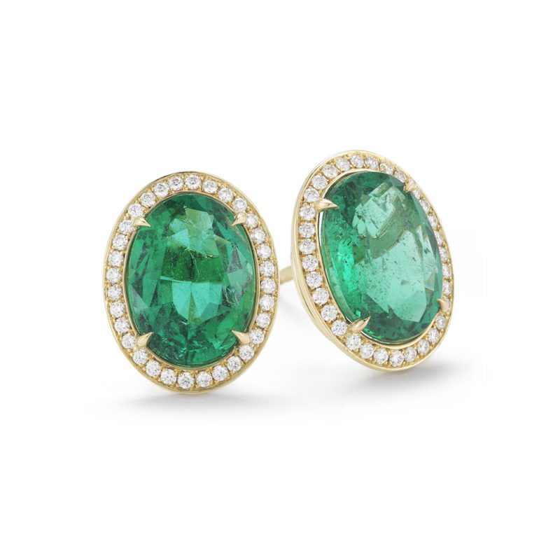 Oval Emerald & Diamond Halo Stud Earrings in Yellow Gold